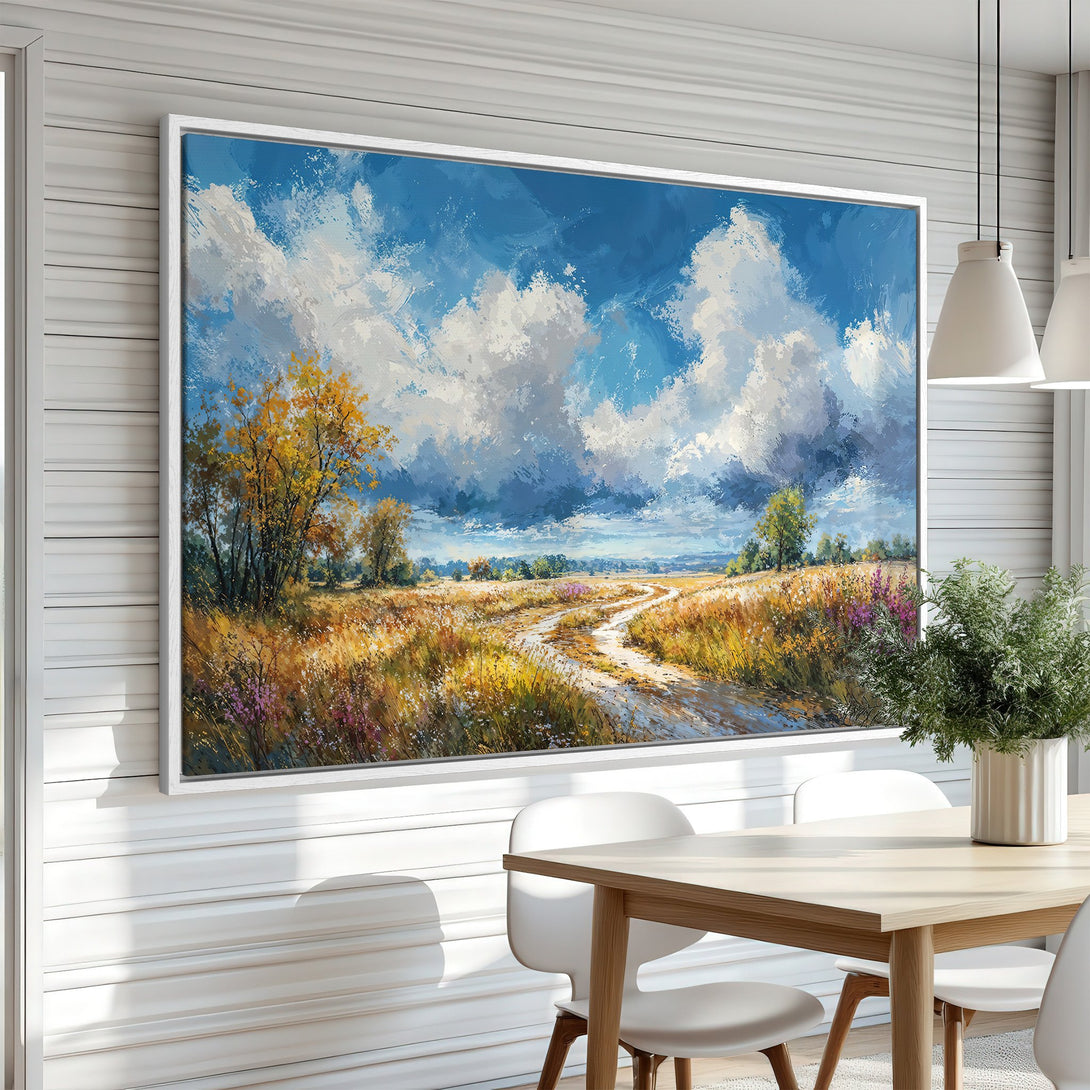 Framed Wall Art: Landscape painting with a blue sky, impressionistic style, and warm color palette. Perfect for adding a touch of nature to your home.