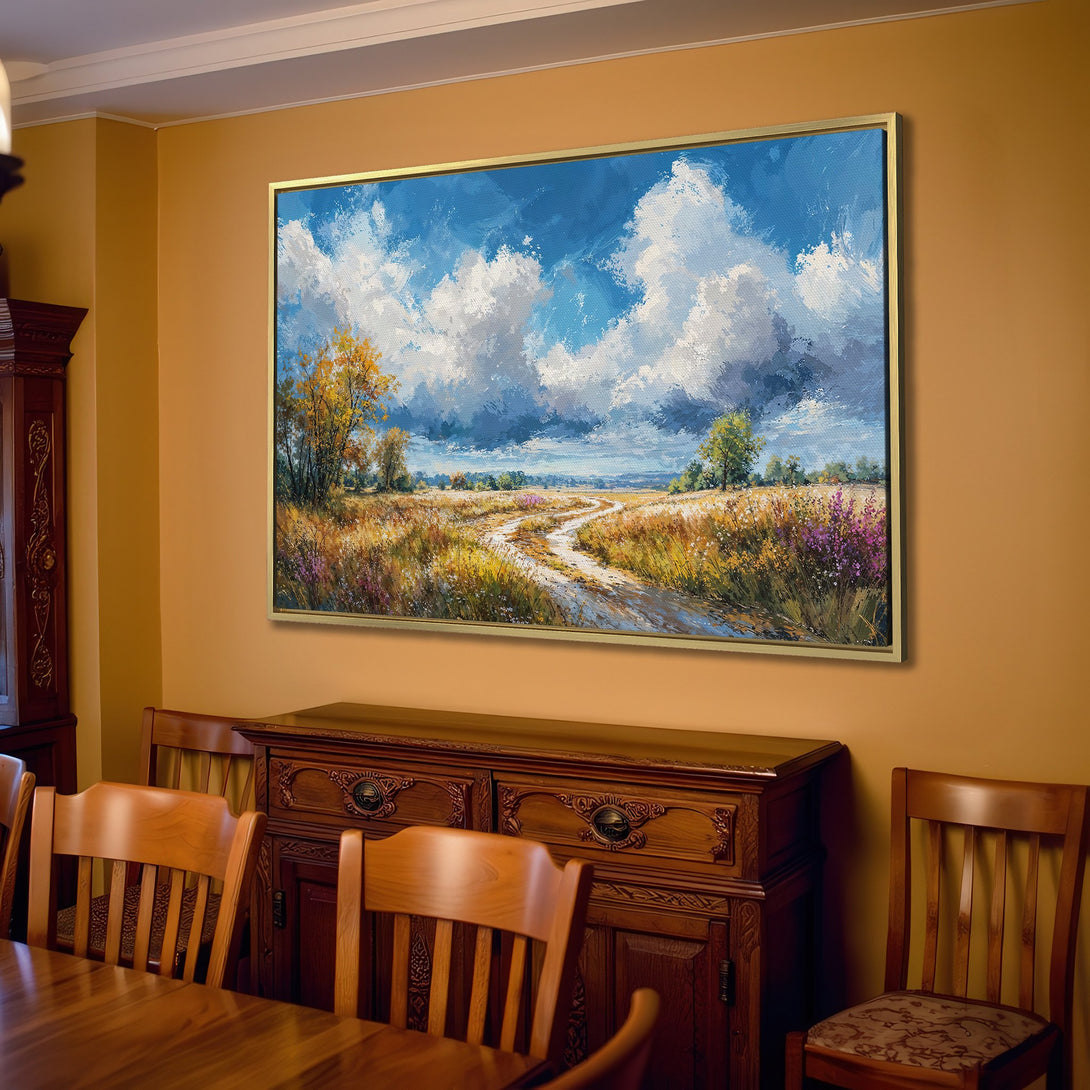 Canvas Print of a serene landscape painting with blue skies, white clouds, and a warm, earthy color palette. Perfect for home decor!