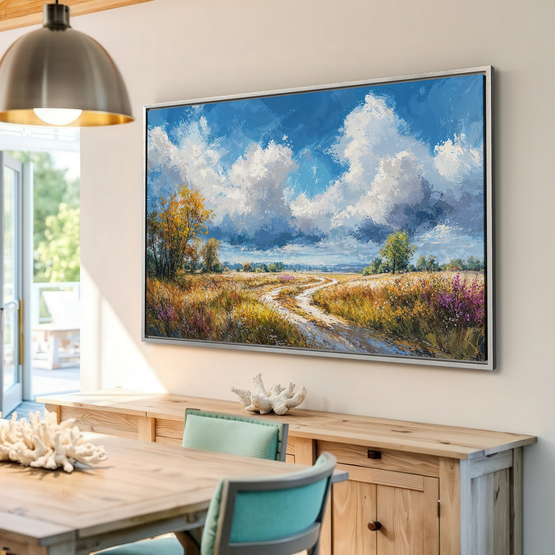 Framed Wall Art: Landscape Canvas Print with a vibrant sky and golden fields. Impressionistic style with blues, golds, and greens. Perfect for home decor.