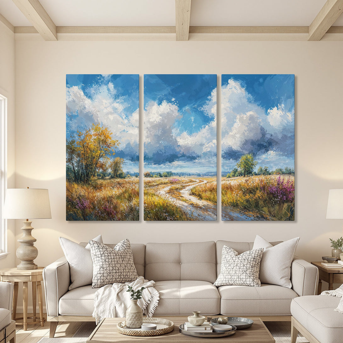 Canvas Print of a serene landscape painting with blue sky, clouds, and a winding path. Warm, earthy tones create a calming, artistic vibe.