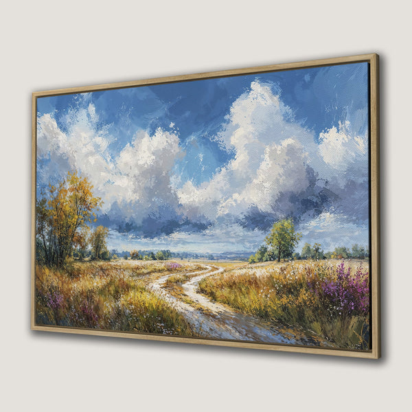 Framed Wall Art Canvas Print of a serene landscape painting with a winding path, vibrant blue sky, and warm, earthy tones. Perfect for adding a touch of nature to your space.