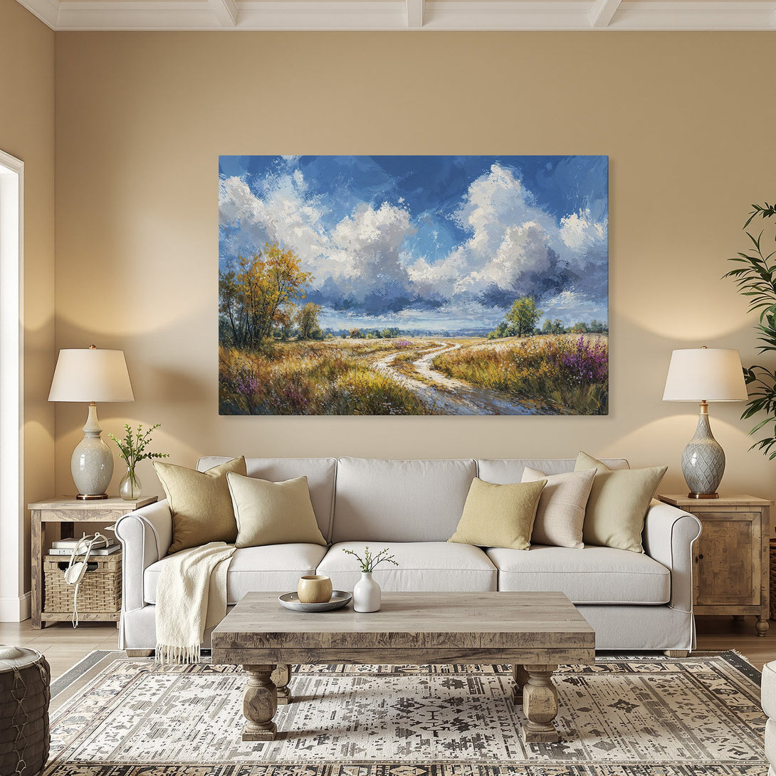 Framed Wall Art featuring a vibrant landscape painting. Impressionistic style with a blue, gold, and green color palette. Perfect for any home decor.