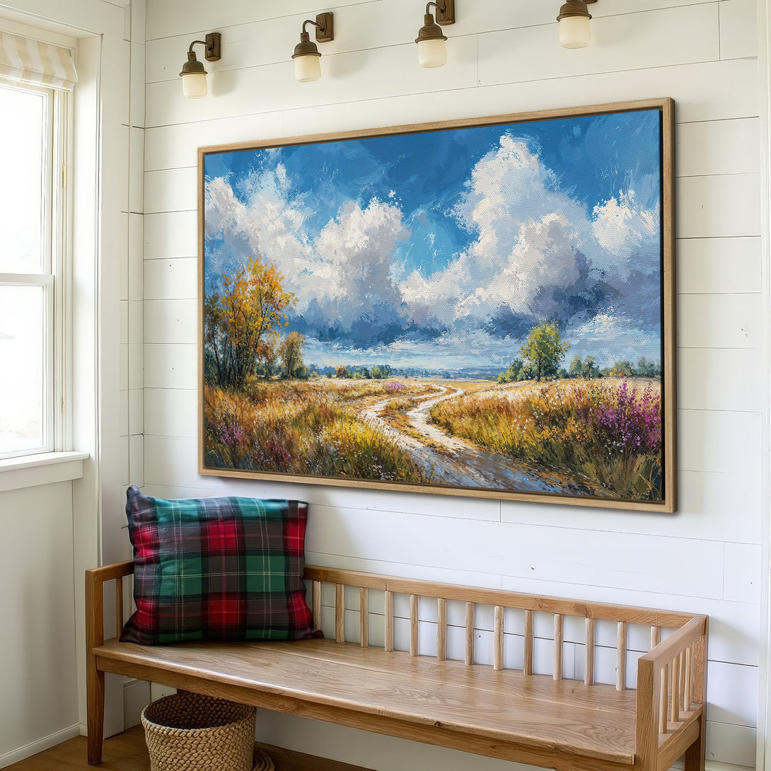 Framed Wall Art: Landscape Canvas Print with blue sky and clouds, warm yellow and green fields. Rustic style art for home decor.