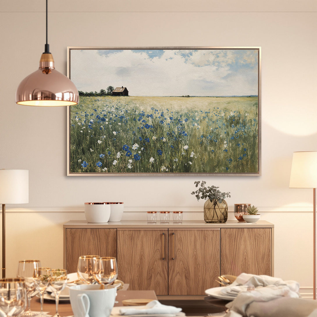 Framed Wall Art: Impressionist landscape Canvas Print with blue and white wildflowers, serene sky, and warm, earthy tones. Perfect for any room!