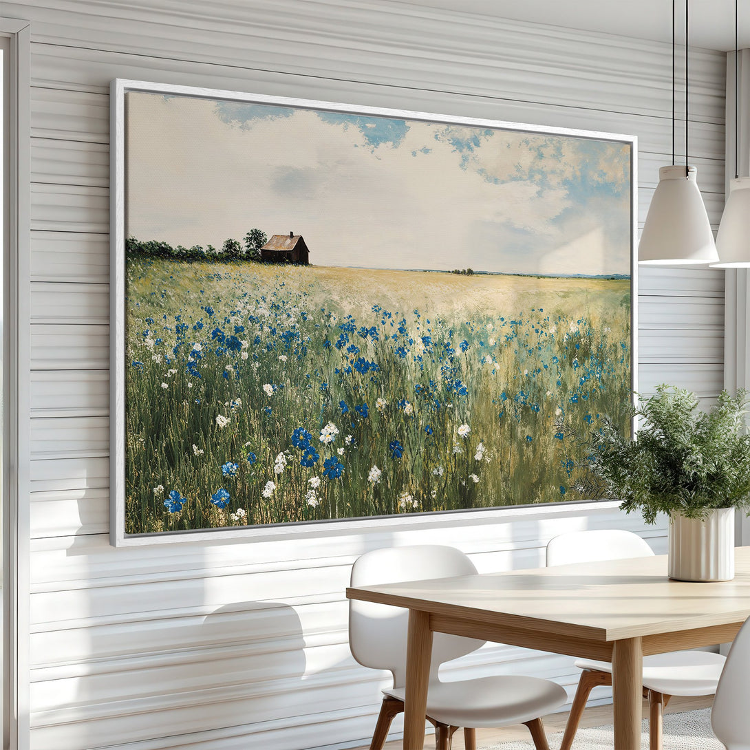 Framed Wall Art: Landscape Canvas Print with a field of blue wildflowers. Rustic style with a calming, natural color palette. Perfect for adding a touch of nature to your home.