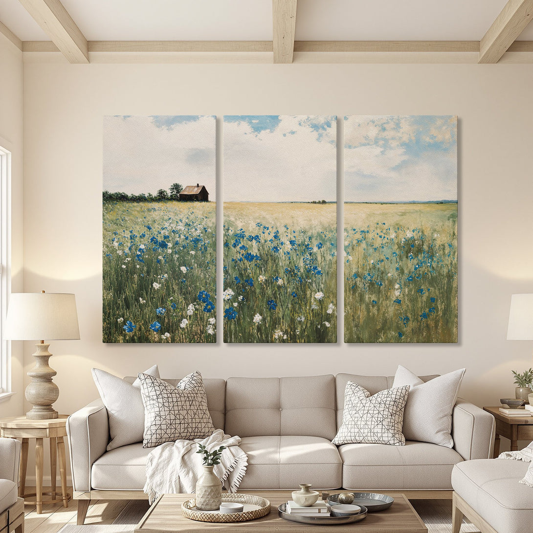 Canvas Print of a serene field with blue and white wildflowers. Impressionistic style with a calming, natural color palette. Perfect for any home.