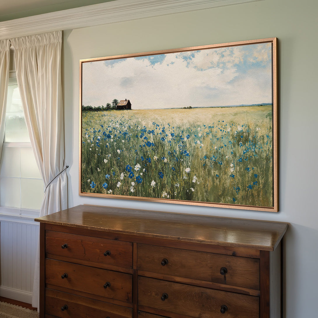 Framed Wall Art: Impressionist landscape Canvas Print with blue flowers, barn, and field in a warm, inviting color palette. Perfect for any home decor.