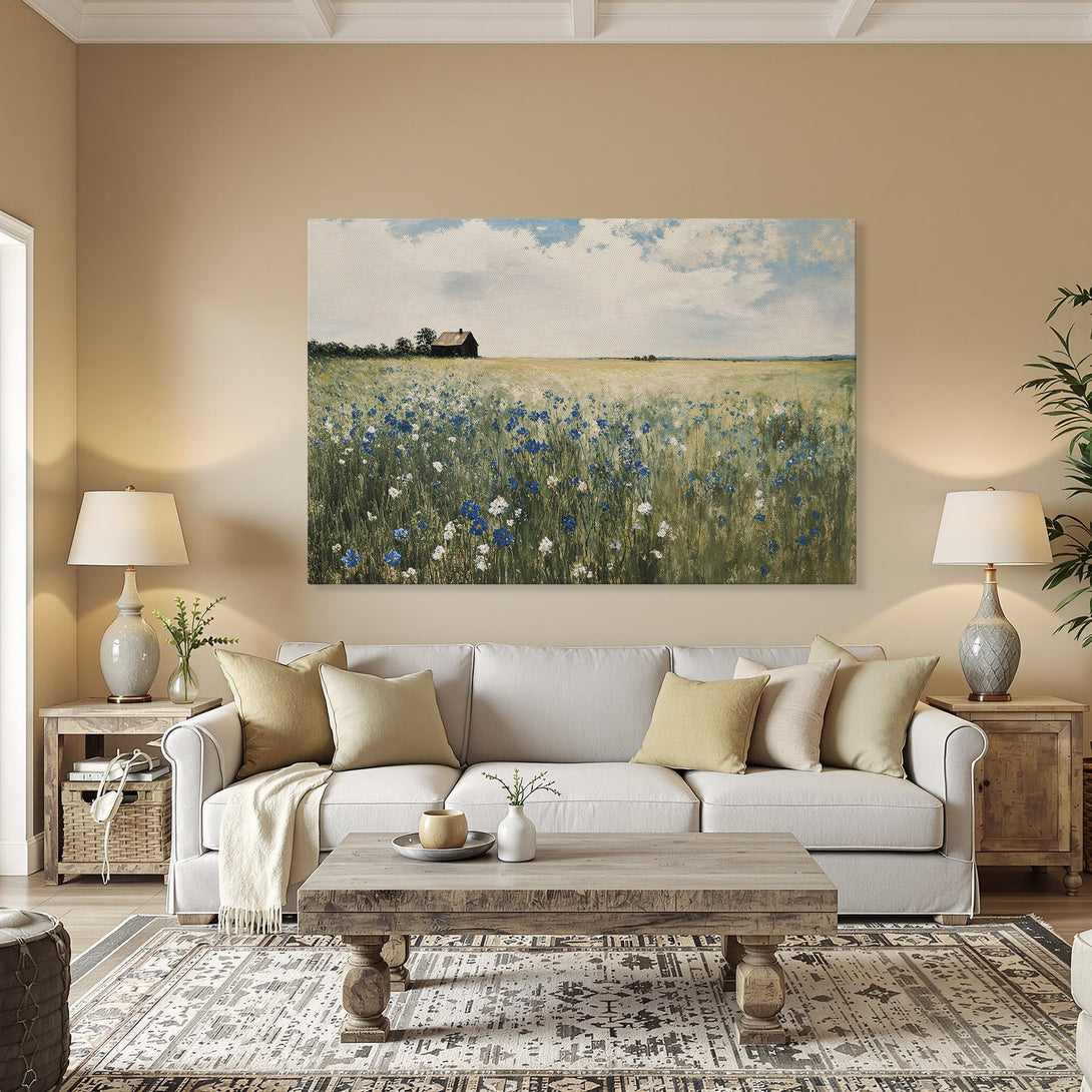 Framed Wall Art: Impressionist landscape Canvas Print with blue and white wildflowers, serene sky, and a golden frame. Perfect for any room!