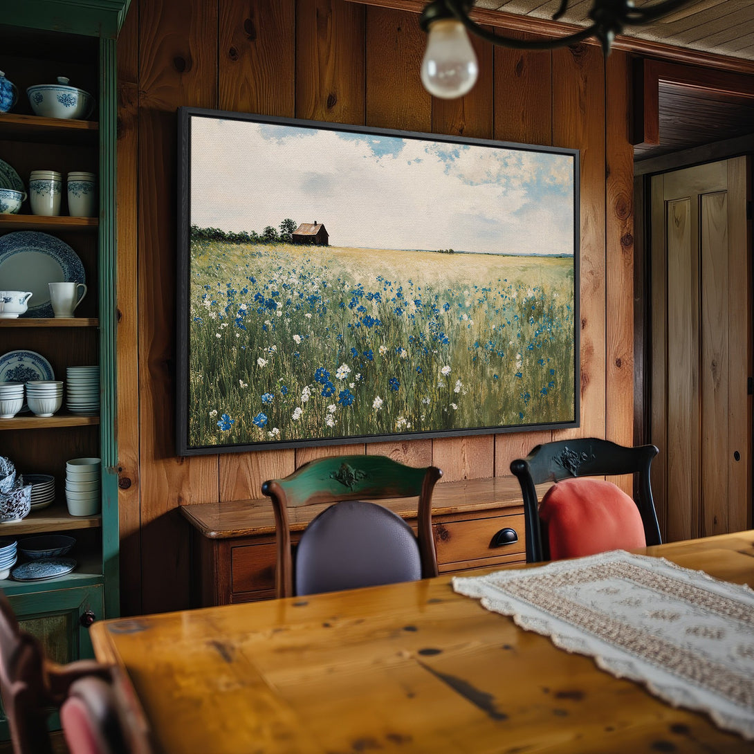 Framed Wall Art: Serene landscape Canvas Print with blue and yellow wildflowers. Rustic farmhouse style, perfect for adding a touch of nature to your home decor.