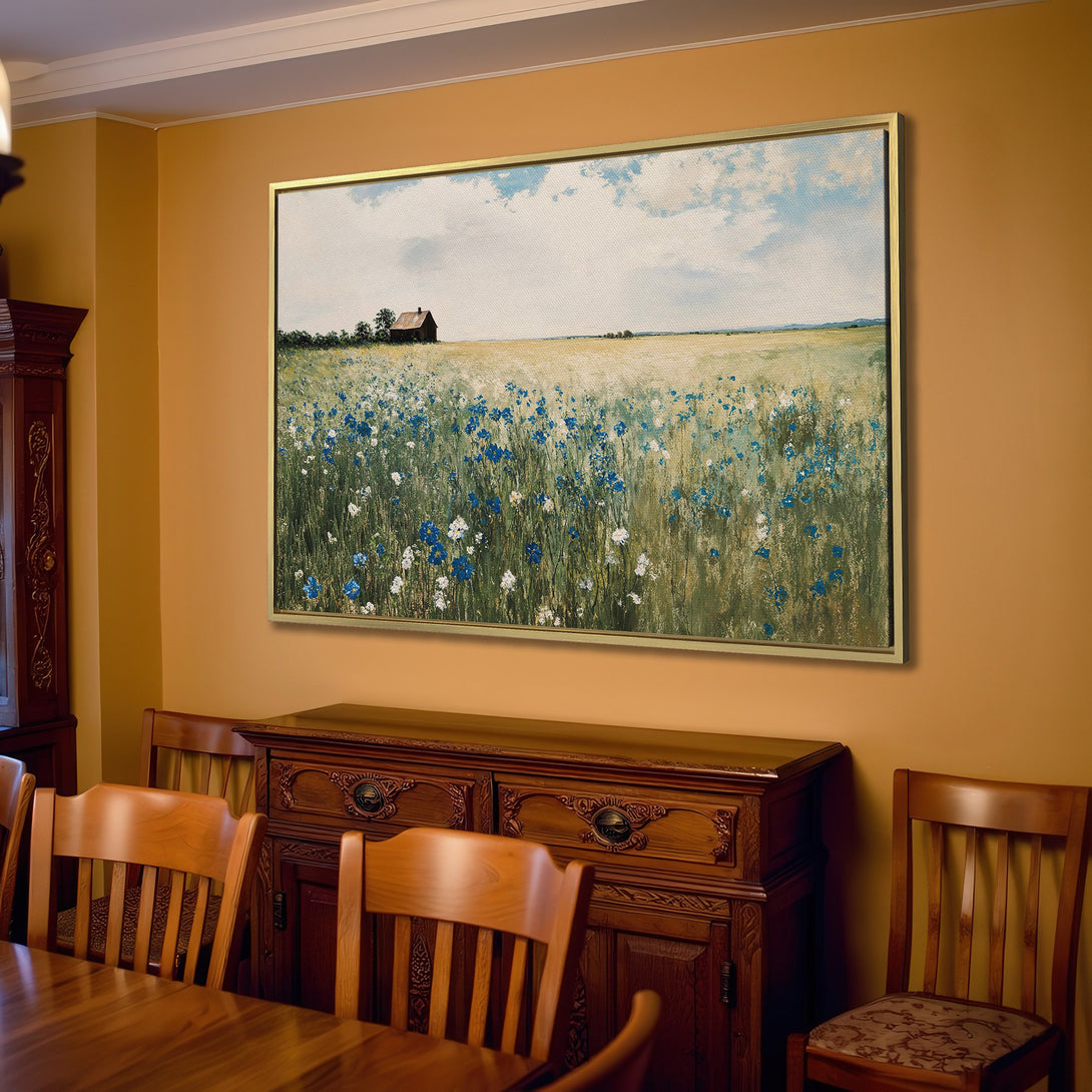 Canvas Print of a serene field scene with blue and white wildflowers, perfect for adding a touch of nature to your home.