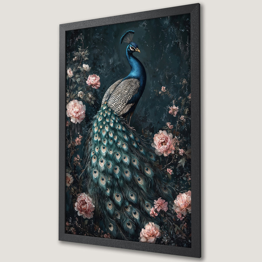 Framed Poster featuring a peacock with floral elements, in an elegant, dark teal and pink color palette. Perfect wall art!
