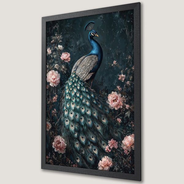 Framed Poster featuring a peacock with floral elements, in an elegant, dark teal and pink color palette. Perfect wall art!