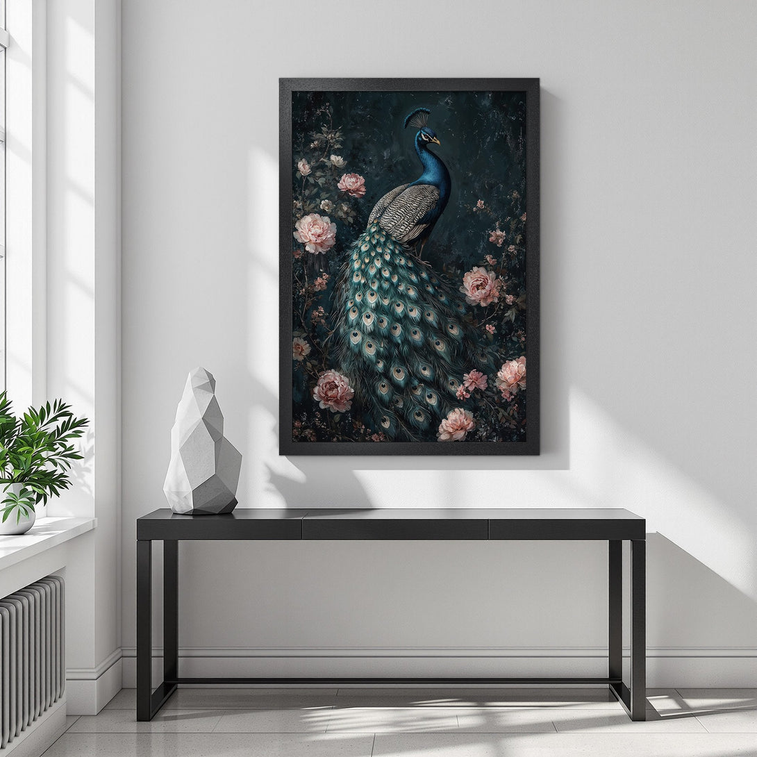 Framed Poster featuring a peacock in a floral setting, with a dark, moody aesthetic and a teal and blush color palette.
