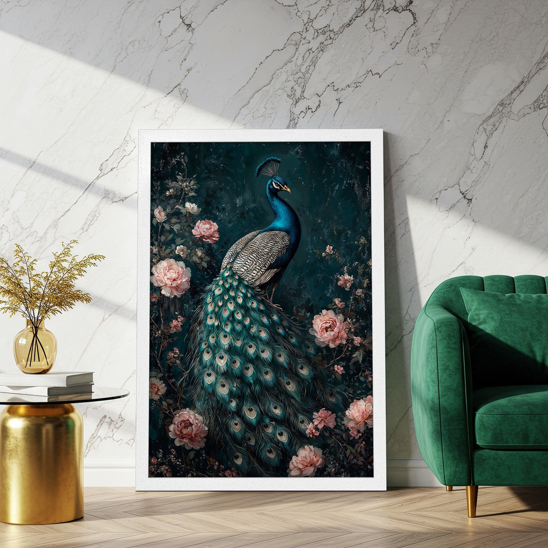 Framed Poster featuring a peacock with floral accents, in a dark teal and pink color palette. Perfect wall art!
