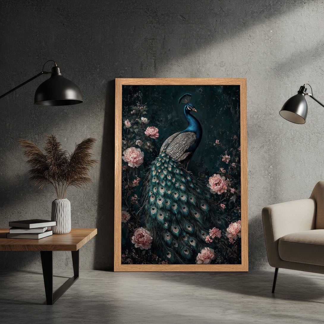 Framed Poster featuring a peacock and floral design in a moody, dark teal and blush color palette. Elevate your home decor!