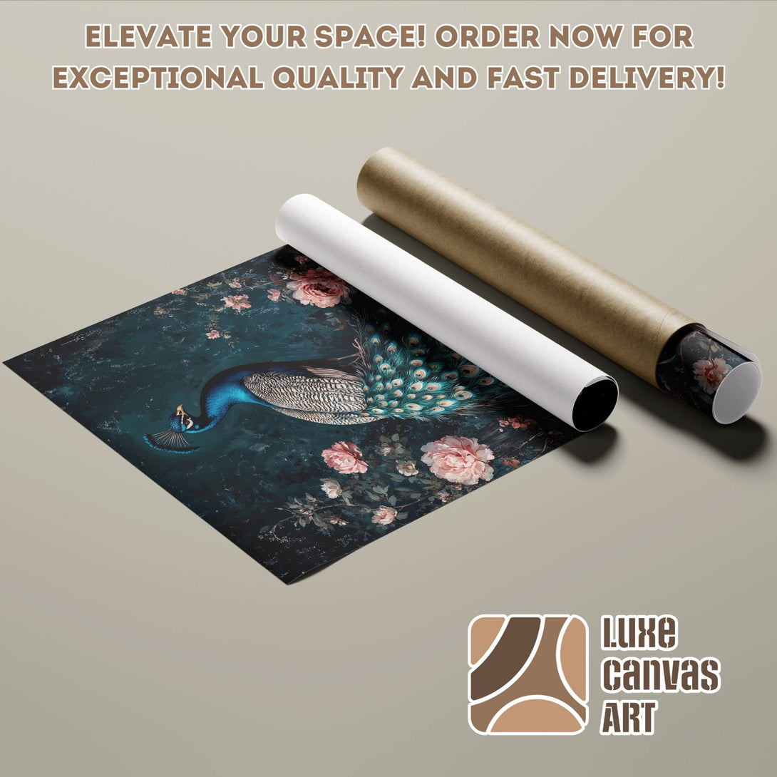 Peacock Poster Roll, dark floral art, teal & blush tones. Elevate your space!