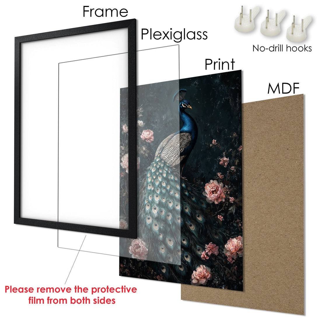 Framed Poster featuring a peacock, floral design in a dark, moody color palette. Perfect wall art for any space.