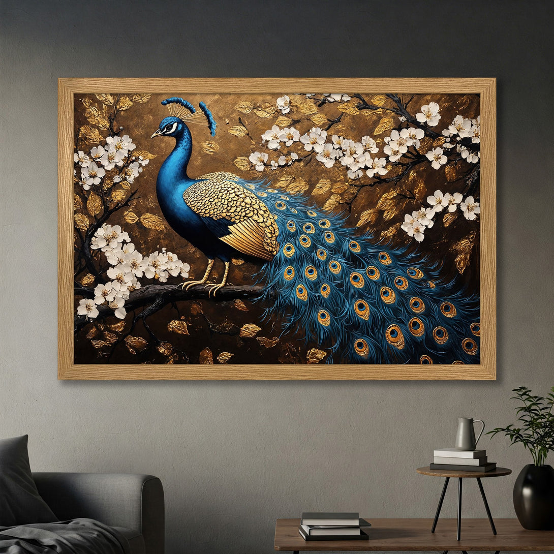 Framed Poster featuring a majestic peacock in a detailed, artistic style with a blue, gold, and brown color palette. Perfect wall art!