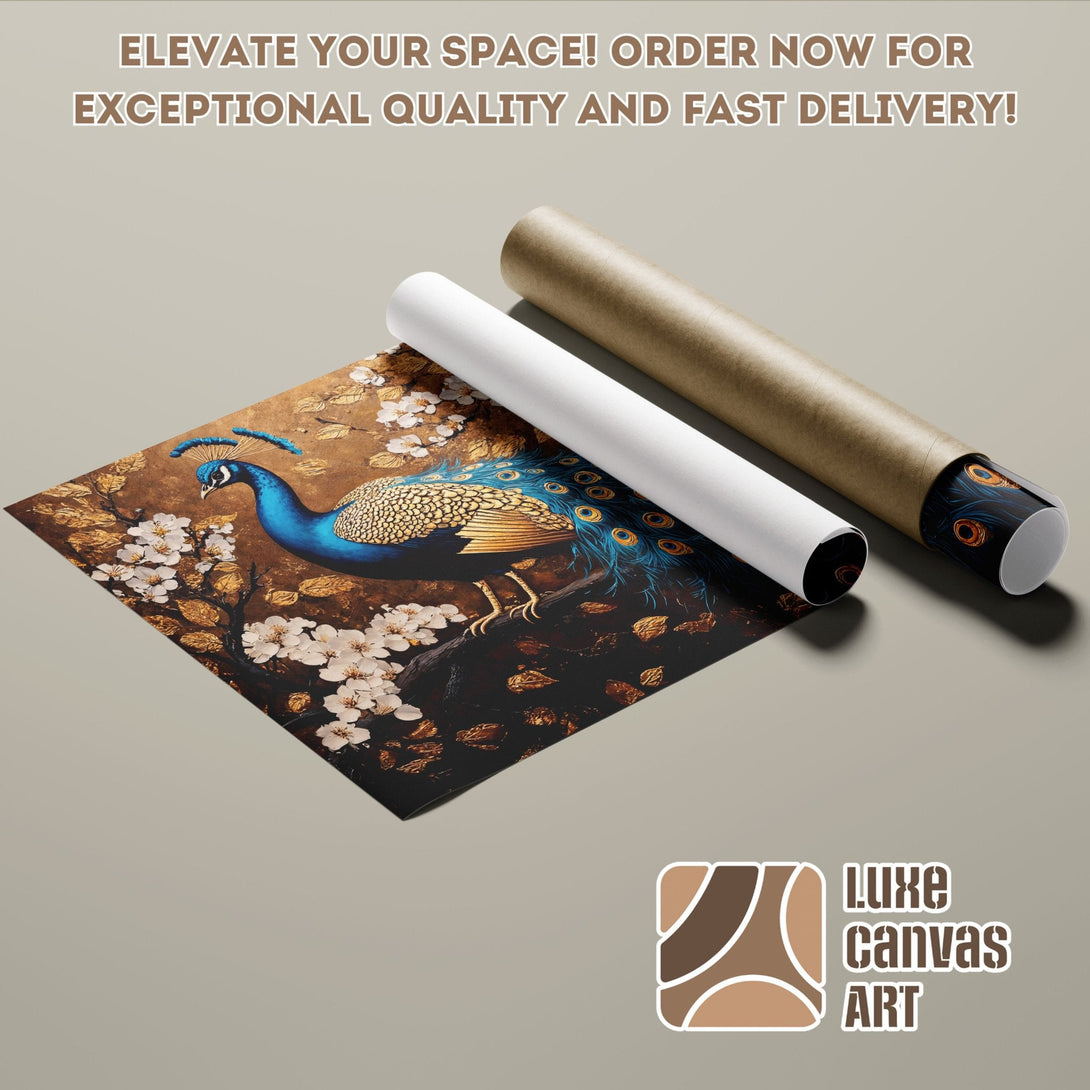 Peacock Poster Roll art print, gold, blue, and brown color palette, perfect wall decor.