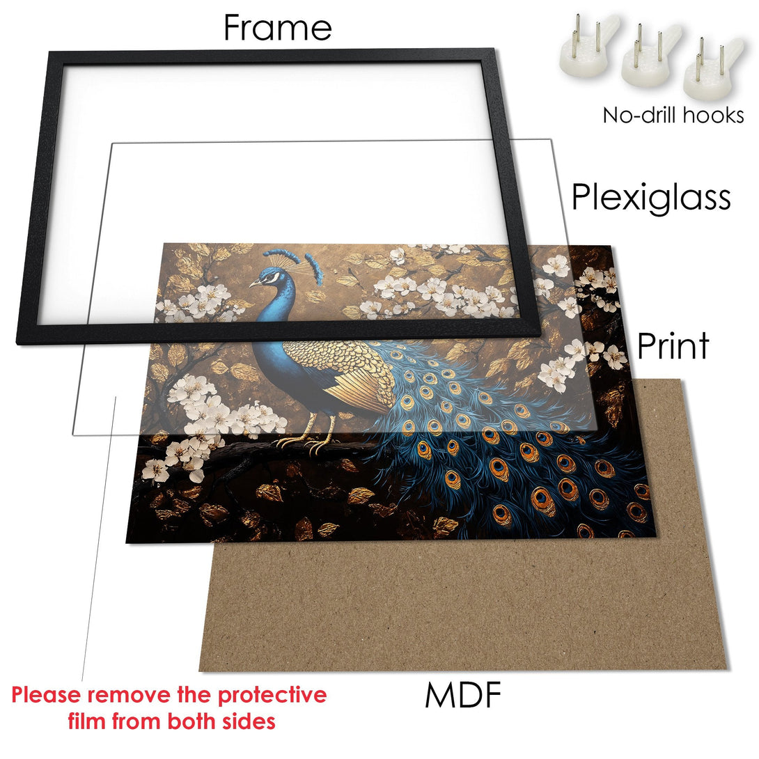 Framed Poster featuring a majestic peacock in blue and gold. Elegant art print, perfect for home decor.