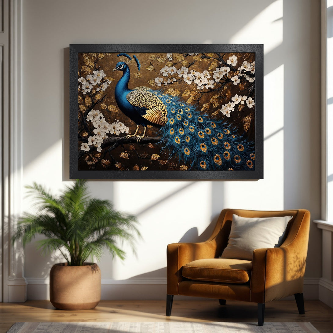 Framed Poster featuring a majestic peacock, elegant style, with blue, gold, and brown tones. Perfect wall art for your home!