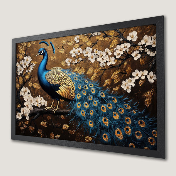 Framed Poster featuring a majestic peacock in a gold, blue, and brown color palette, artistic style.