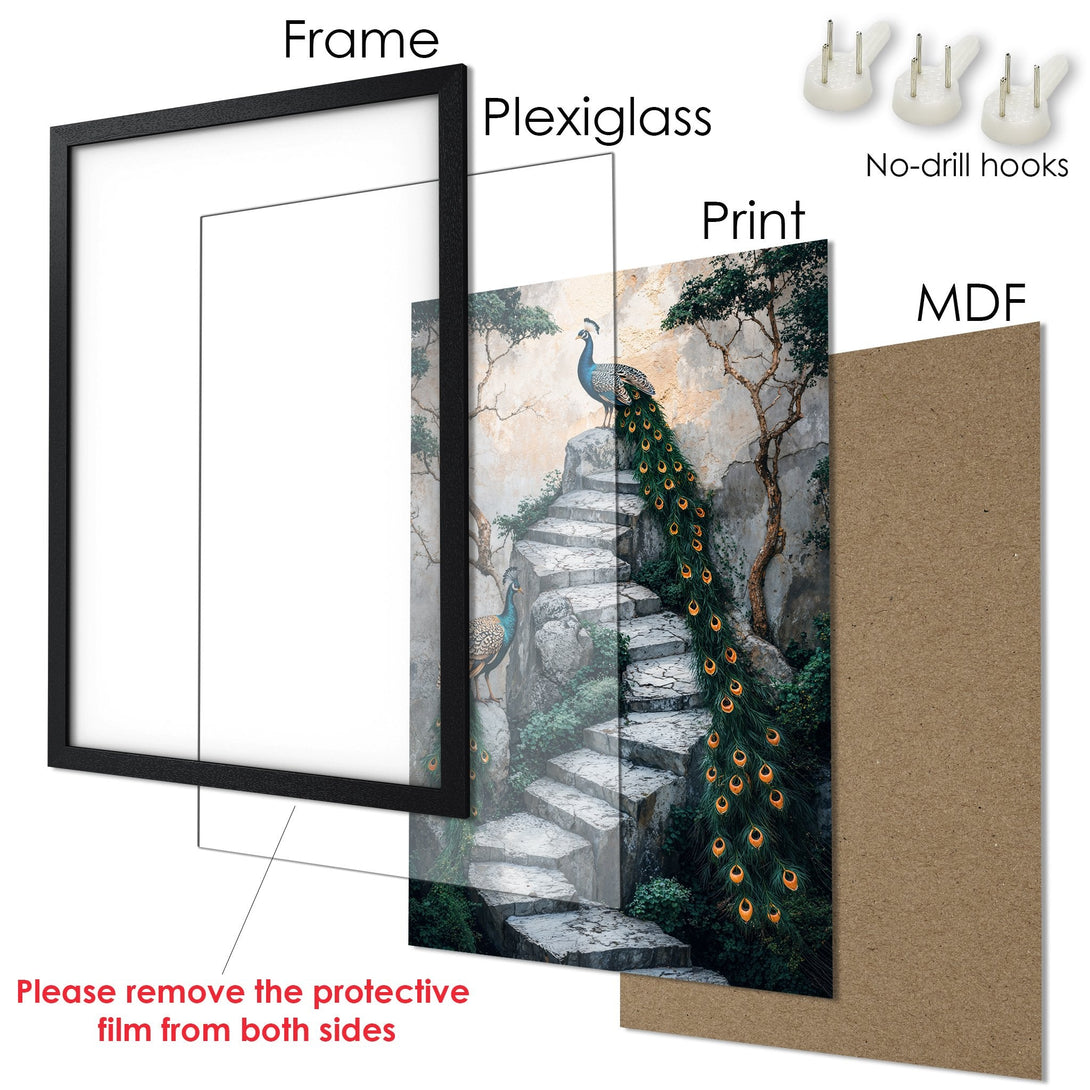 Framed Poster featuring a peacock on a stone staircase, in a vintage style with a warm, earthy color palette. Ready to hang art!