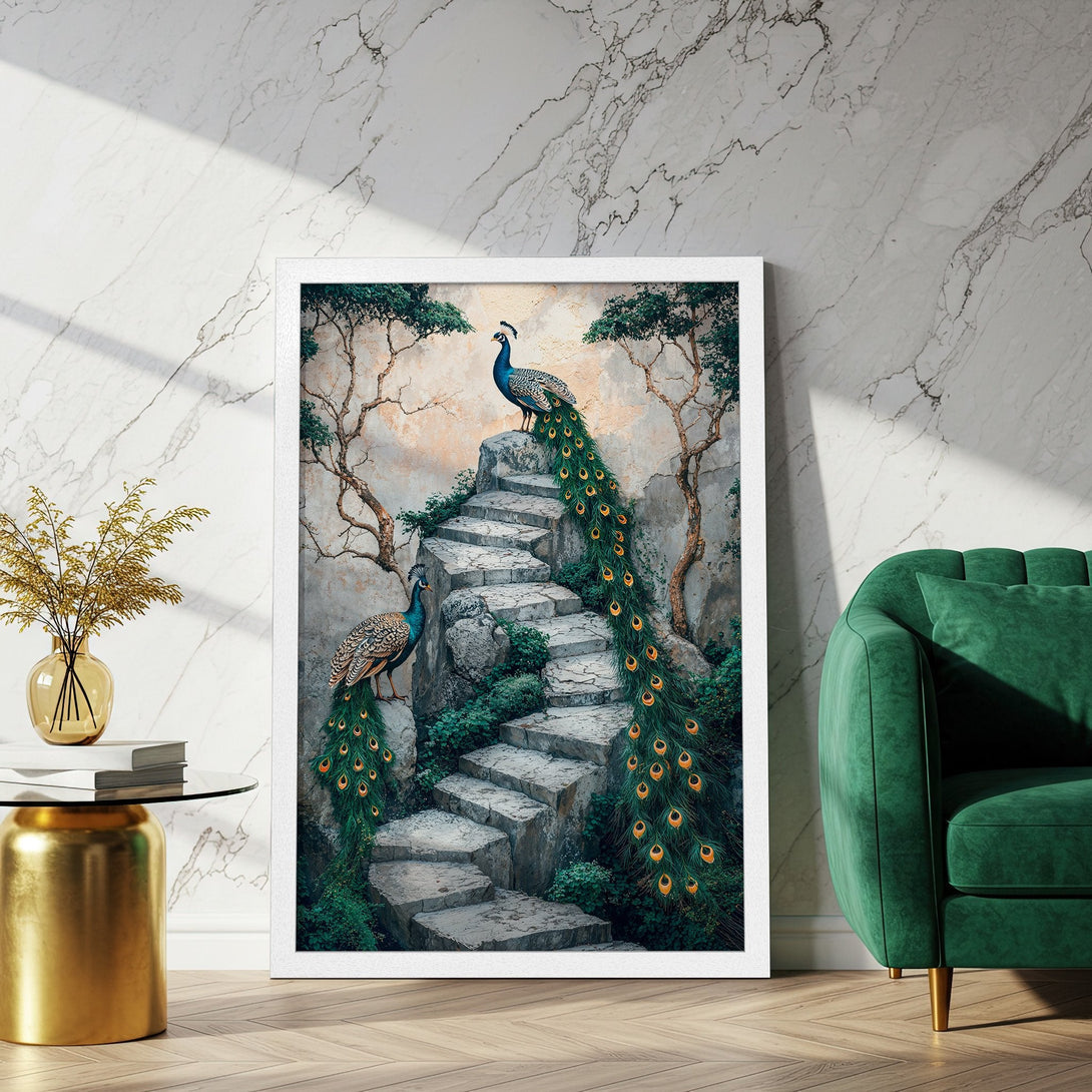 Framed Poster featuring peacocks on stone steps, in a vintage style with a green and gold color palette. Perfect wall art!