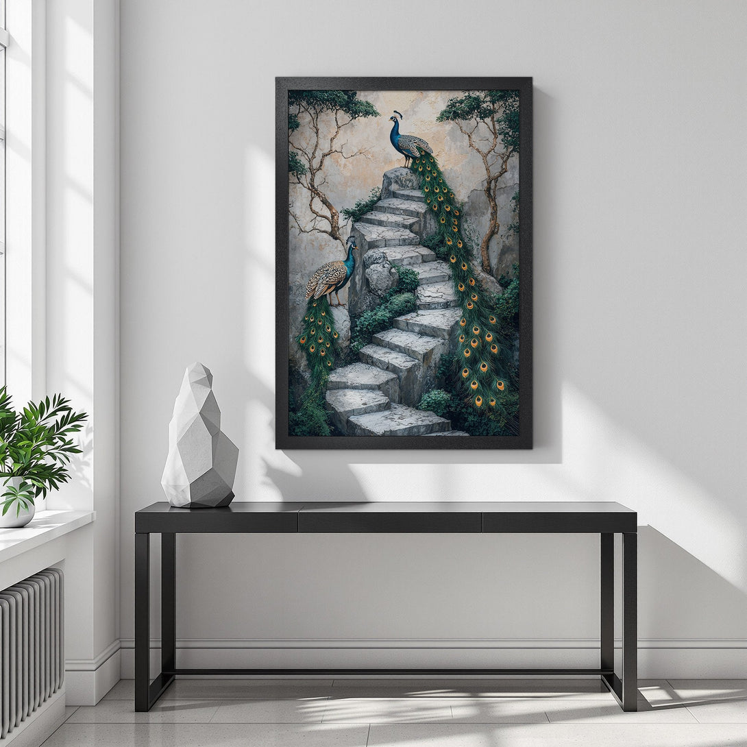 Framed Poster featuring peacocks on a stone staircase, with a neutral color palette and hints of blue and green. Perfect for adding a touch of elegance.