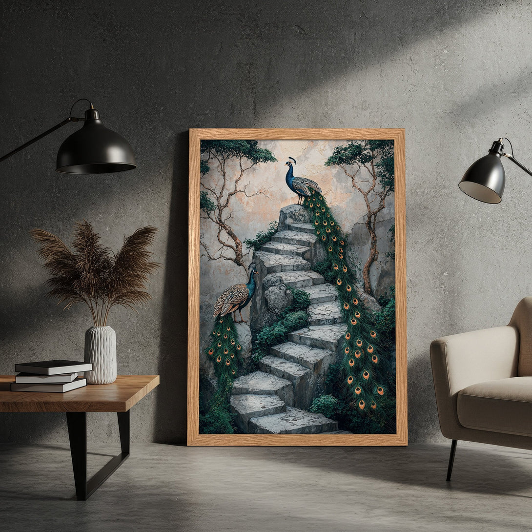 Framed Poster featuring peacocks on a stone staircase. Artistic style with a muted color palette of greens, blues, and beige. Perfect wall decor!