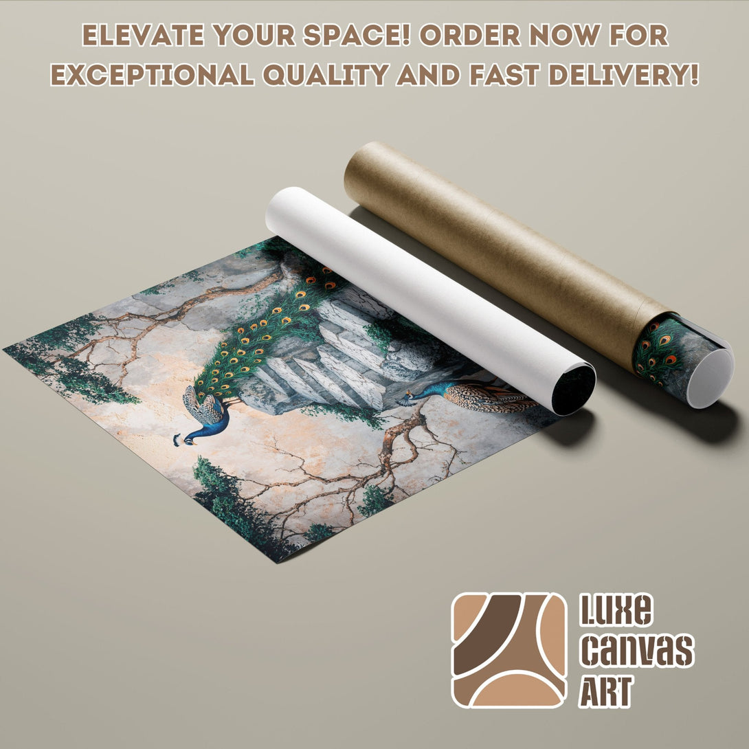 Peacock Poster Roll art print in earthy tones. Elevate your space with Luxe Canvas Art!