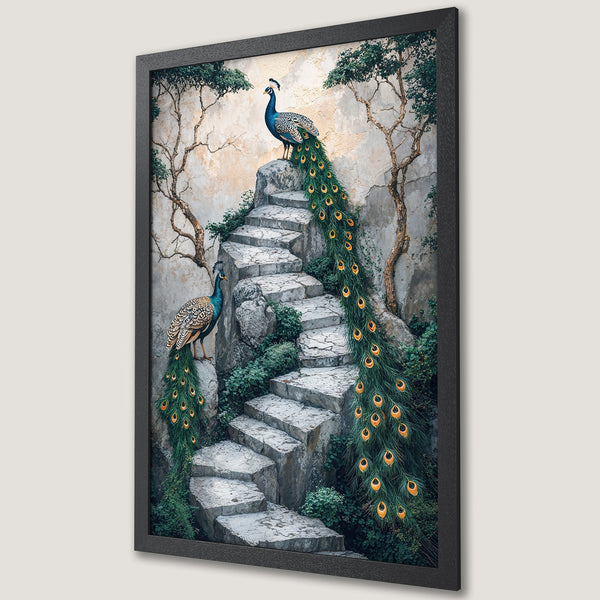 Framed Poster featuring peacocks on stone steps. Artistic style, earthy tones with pops of blue and gold. Perfect wall art!