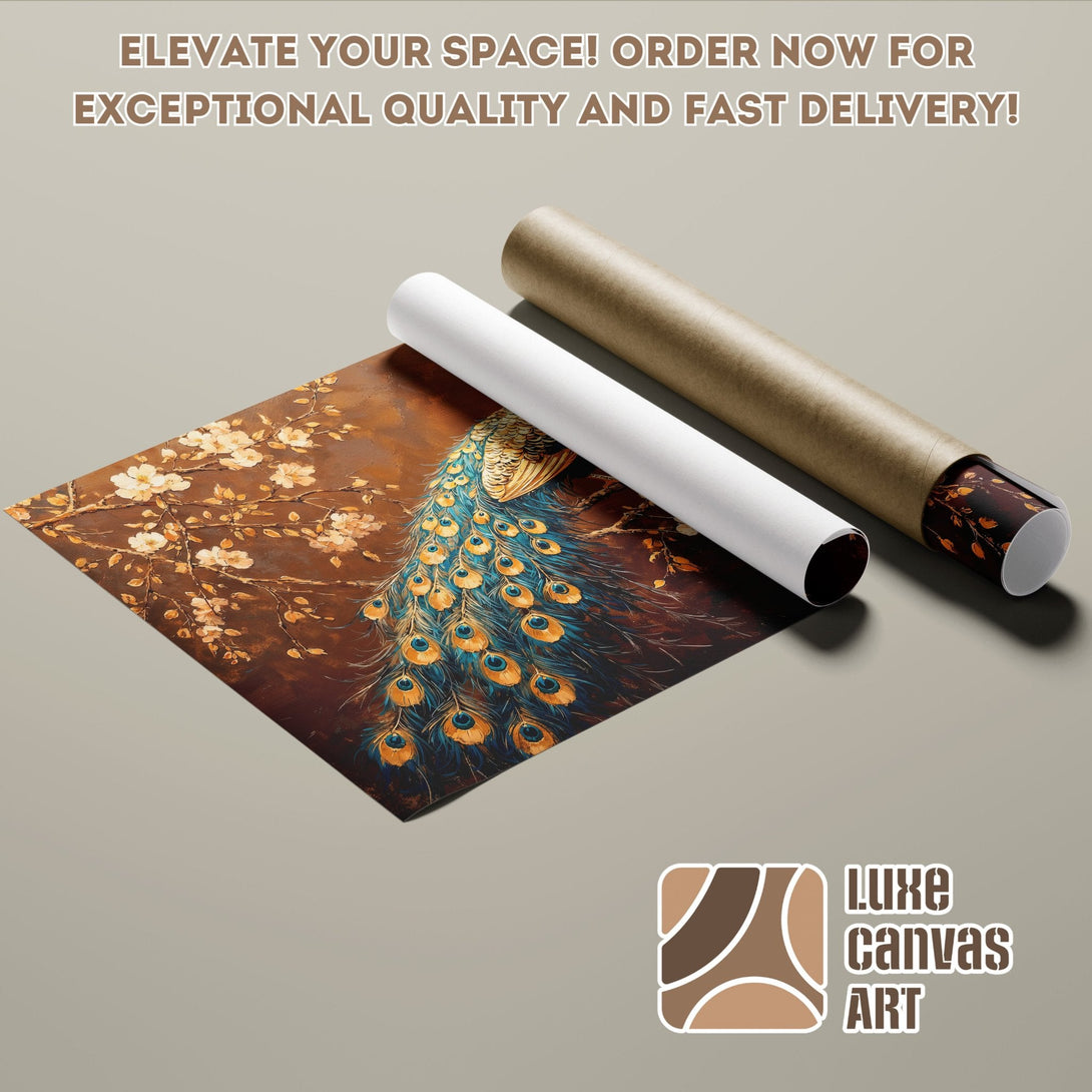 Peacock Poster Roll, artistic style with brown, gold, and teal color palette. Elevate your space!