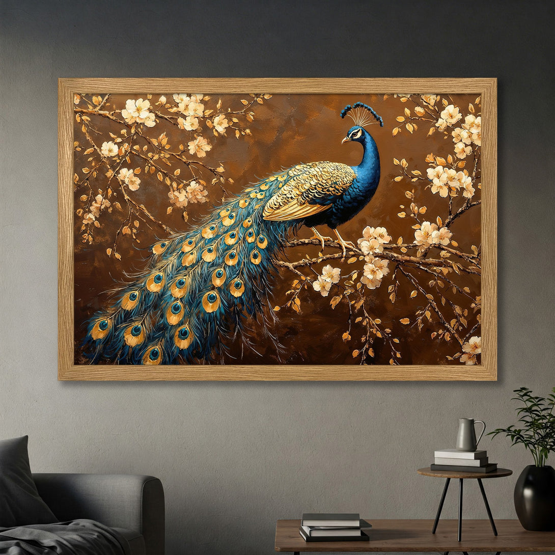 Framed Poster featuring a peacock on a branch with flowers, in a warm brown and blue color palette. Elegant wall art for your home.