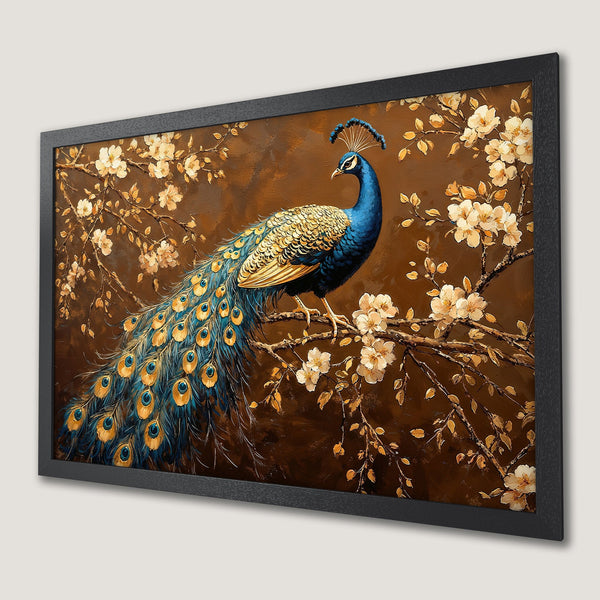 Framed Poster featuring a majestic peacock with floral accents, in an elegant, painterly style with a warm brown and gold color palette.
