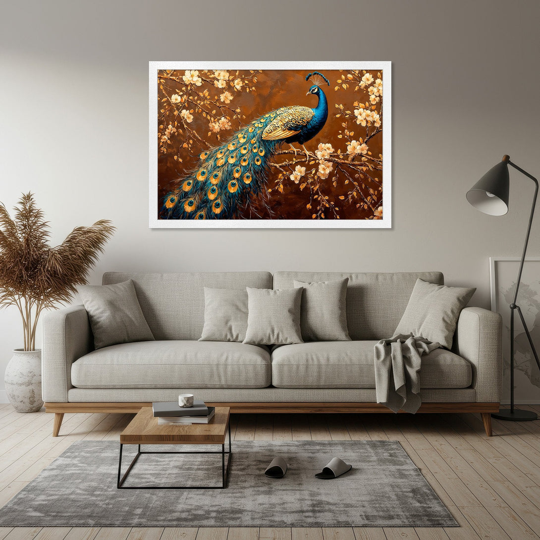 Framed Poster featuring a stunning peacock on a branch, warm brown and gold tones, perfect wall art for your home.