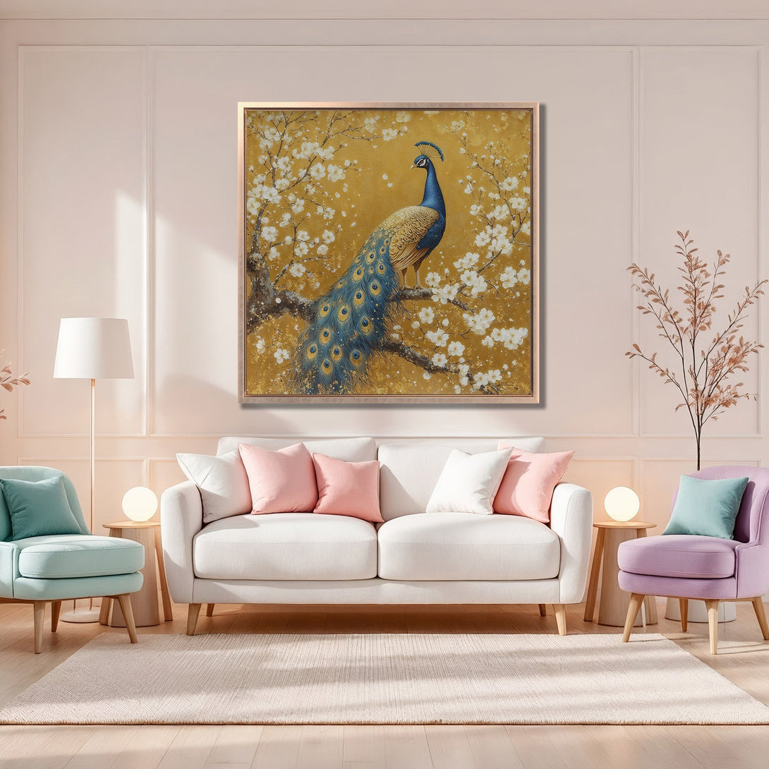 Framed Wall Art featuring a majestic peacock in a gold and blue color palette. Enhance your home decor with this elegant Canvas Print.