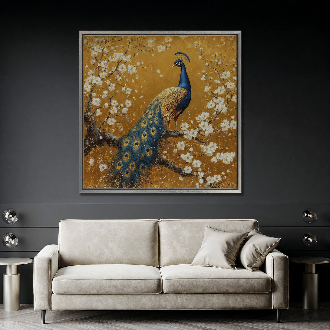 Framed Wall Art: Peacock painting with gold, blue, and white color palette. Elegant artwork for home decor. Perfect for living room or bedroom.