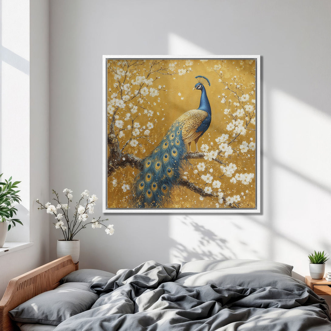 Framed Wall Art: Peacock painting in gold, blue, and white. Elegant, nature-inspired art for bedroom decor. Enhance your space with this stunning canvas print.