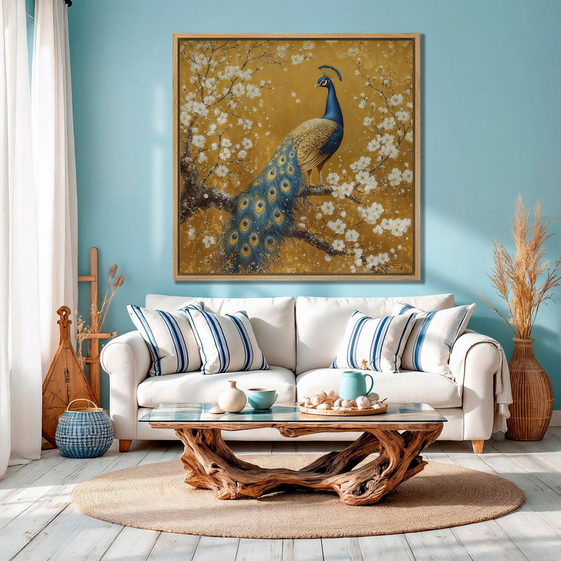 Framed Wall Art featuring a peacock on a branch with white blossoms, in a gold and blue color palette. Perfect for adding a touch of elegance to your space.