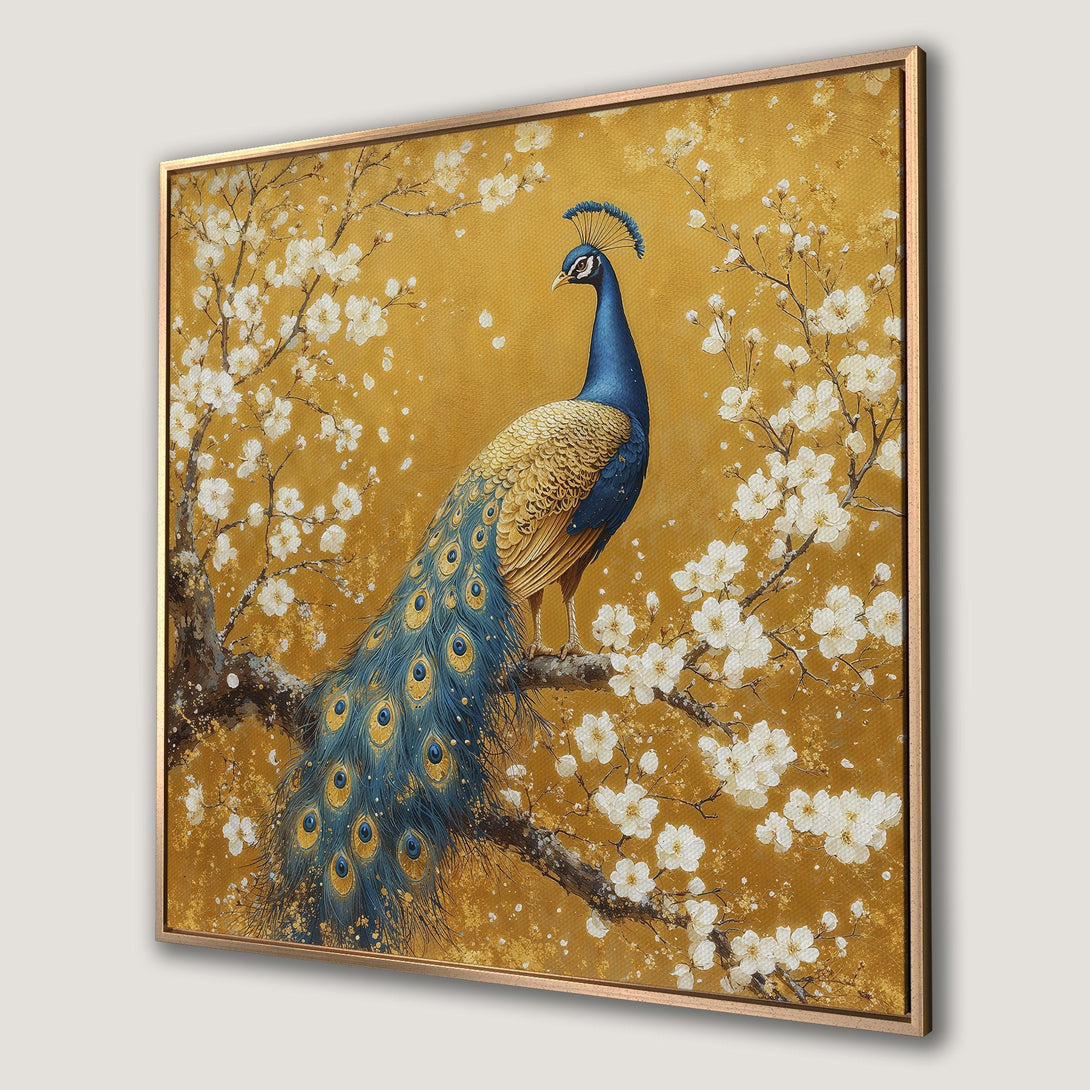 Framed Wall Art: Peacock Canvas Print in gold, blue, and white. Elegant bird art with floral accents, perfect for adding a touch of luxury to your home decor.