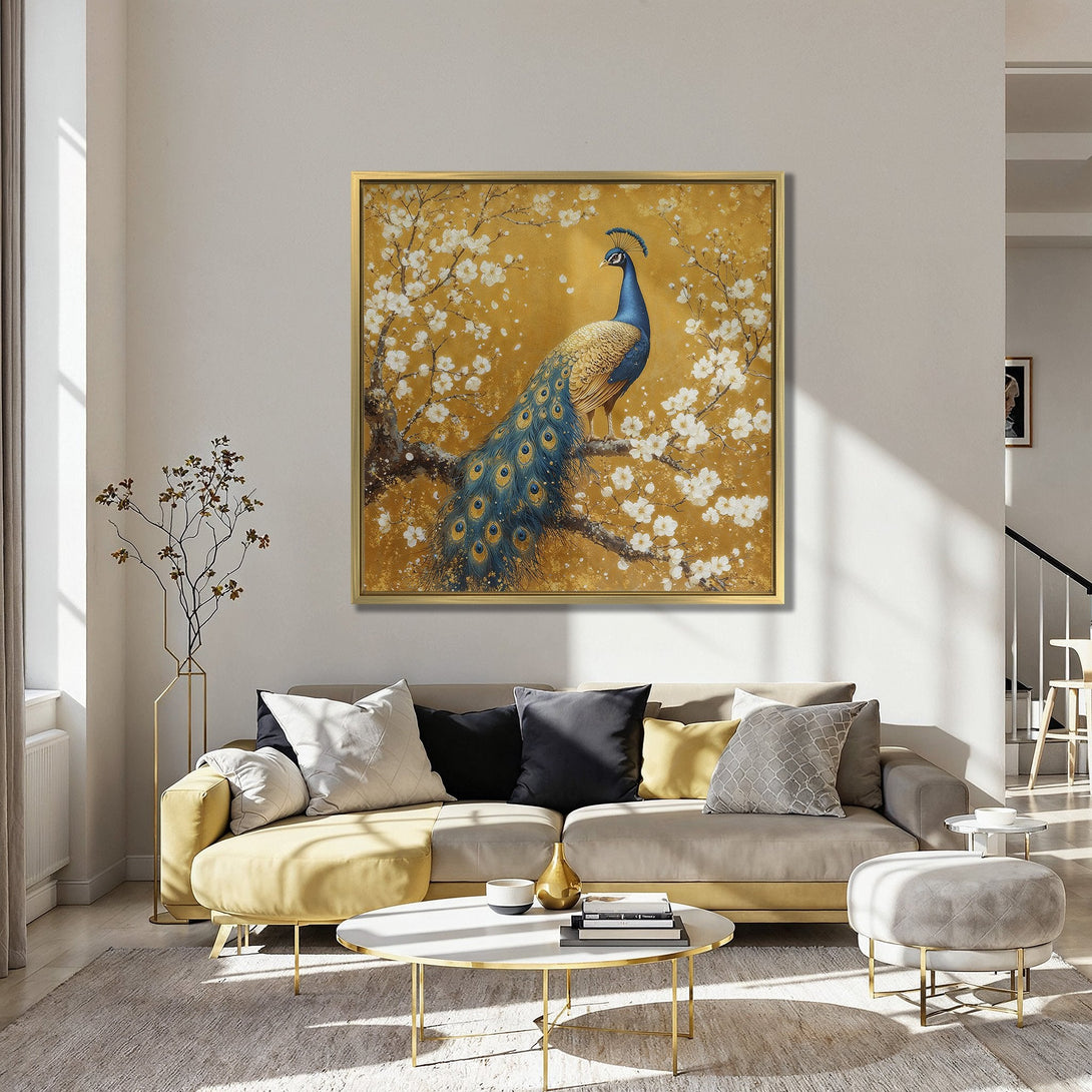 Canvas Print featuring a regal peacock in a golden and blue color palette, perfect for adding elegance to your home decor.
