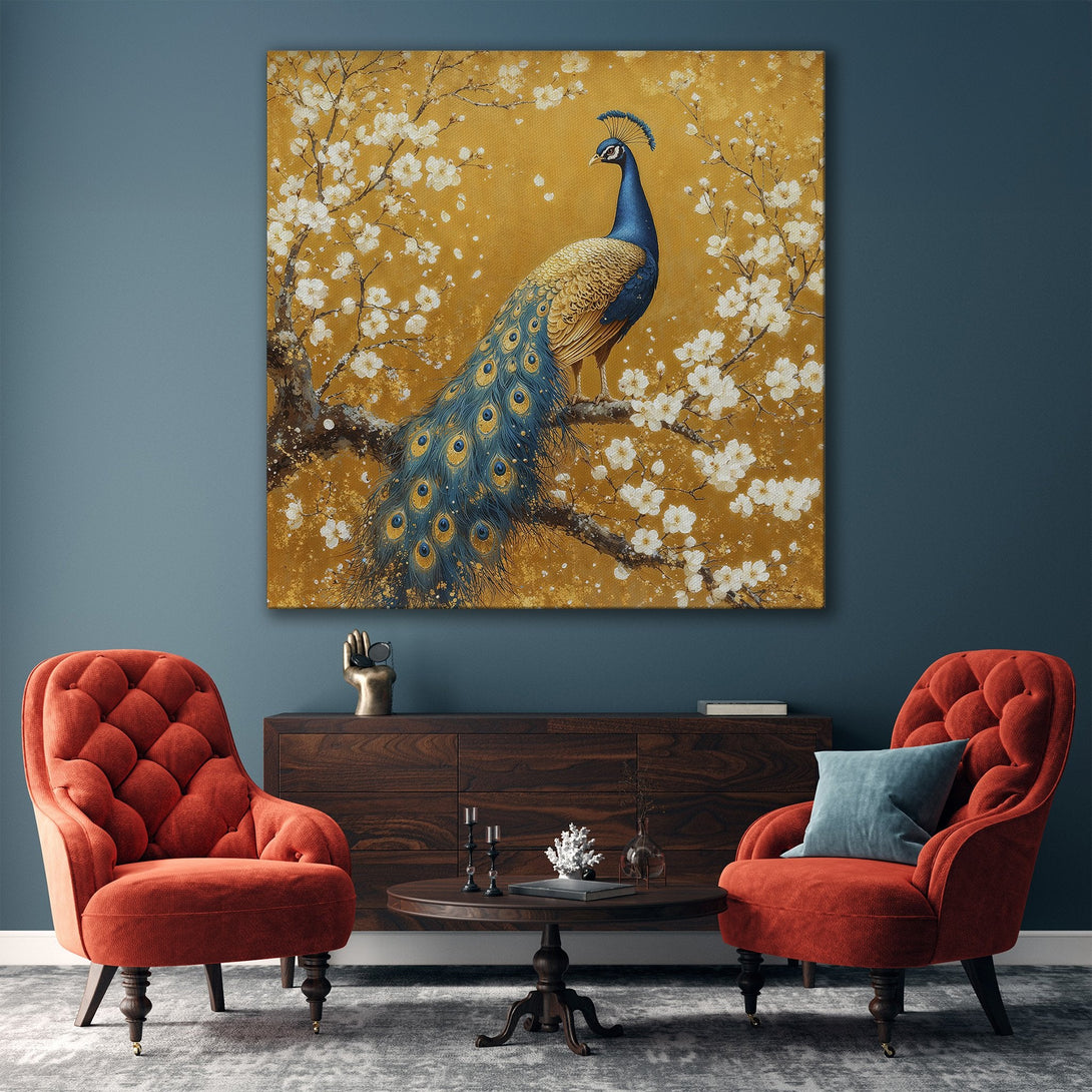 Framed Wall Art: Majestic peacock painting in gold and blue, displayed in a modern living room. Elegant artwork with a warm, inviting color palette.