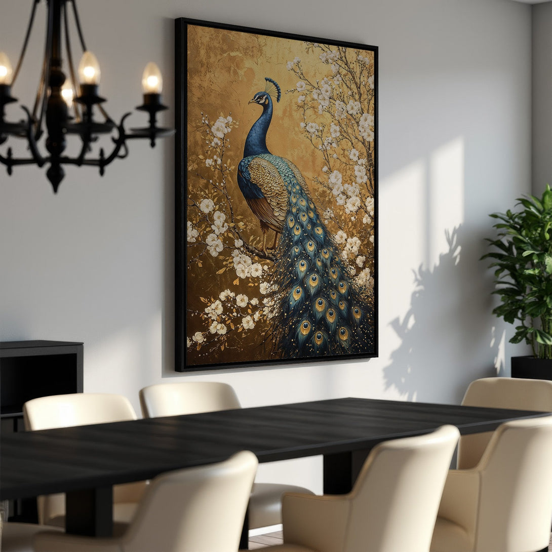 Framed Wall Art featuring a peacock in a golden, floral style. Elegant Canvas Print with blue, gold, and white color palette, perfect for dining room decor.