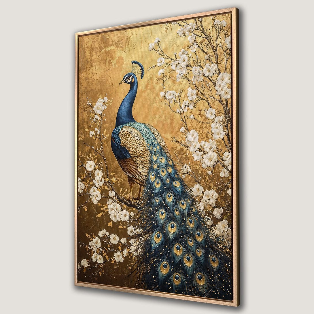 Framed Wall Art: Majestic peacock print with gold, blue, and white color palette. Elegant wall decor for any room. Shop now for stunning art!