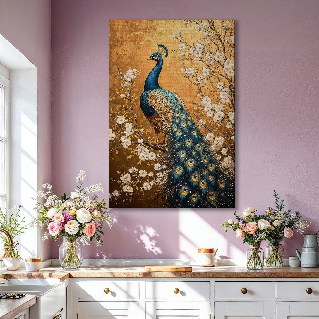 Framed Wall Art: Elegant peacock painting with gold frame, showcasing a vibrant blue, gold, and white color palette. Perfect for adding a touch of luxury to your home.