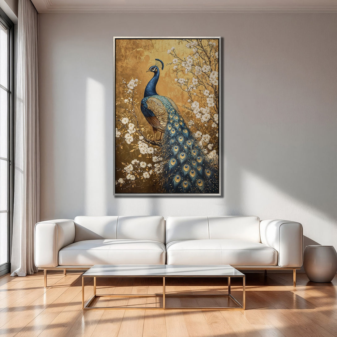 Framed Wall Art featuring a regal peacock in blue and gold, displayed in a modern interior. Enhance your home decor with this stunning Canvas Print.