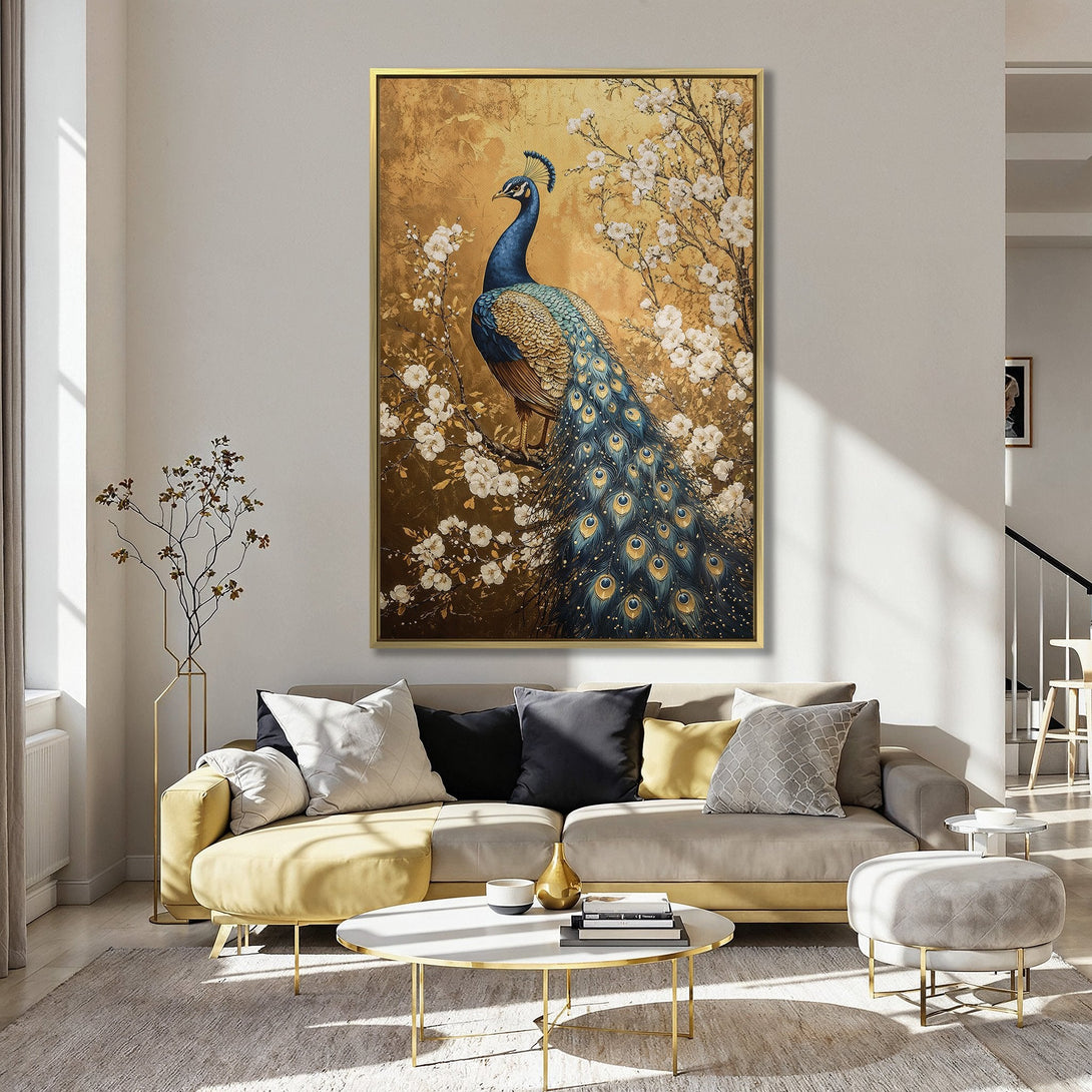 Canvas Print of a majestic peacock with blue and gold hues, displayed in a stylish interior. Perfect wall art for a touch of elegance.