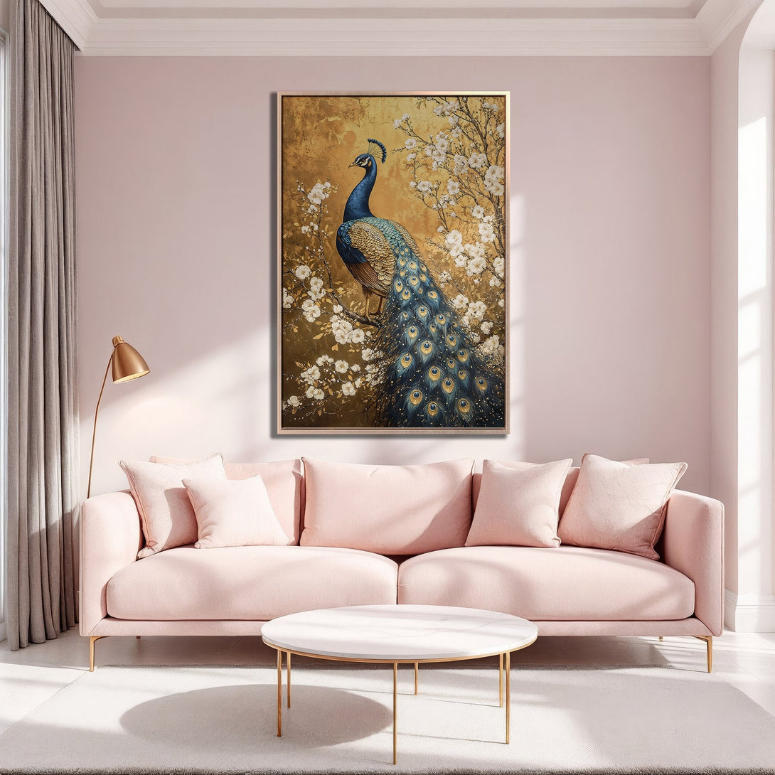 Framed Wall Art: Elegant peacock Canvas Print in gold, blue, and white. Adds a touch of luxury to any space. Perfect for living rooms and bedrooms.