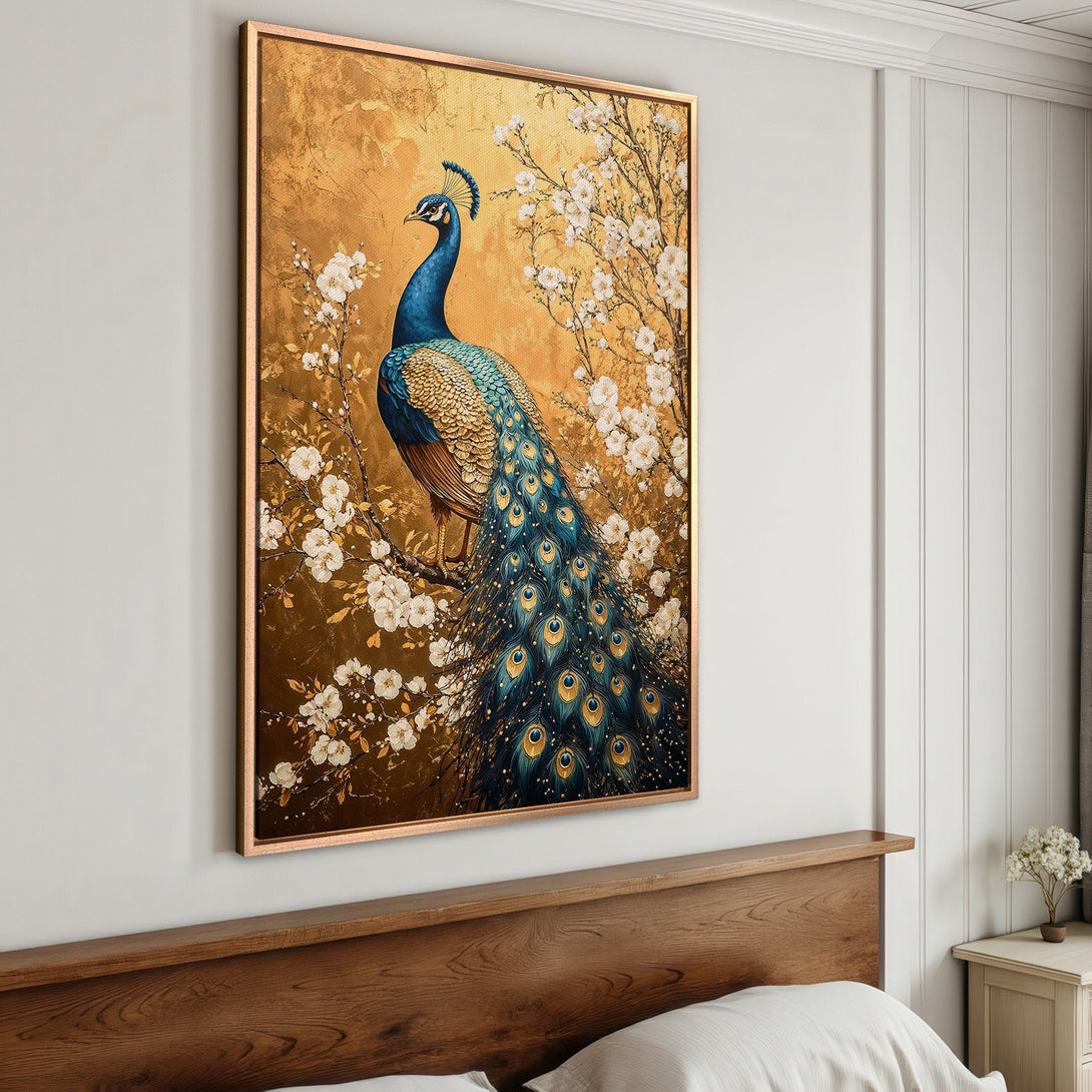 Framed Wall Art: Majestic peacock canvas print in gold, blue, and white. Elegant artwork for bedroom decor, adding a touch of luxury and style.
